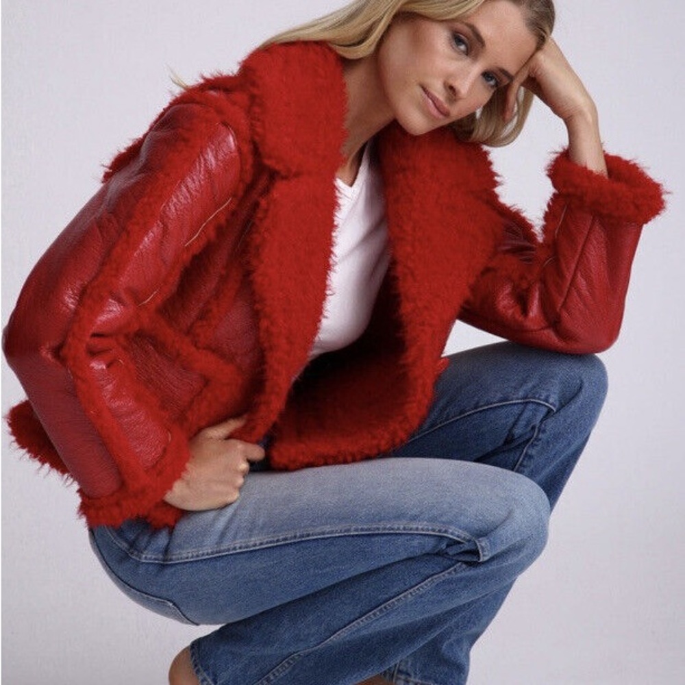 7 For All Mankind Stella Red Bold Vegan Leather Faux Shearling Cropped Jacket